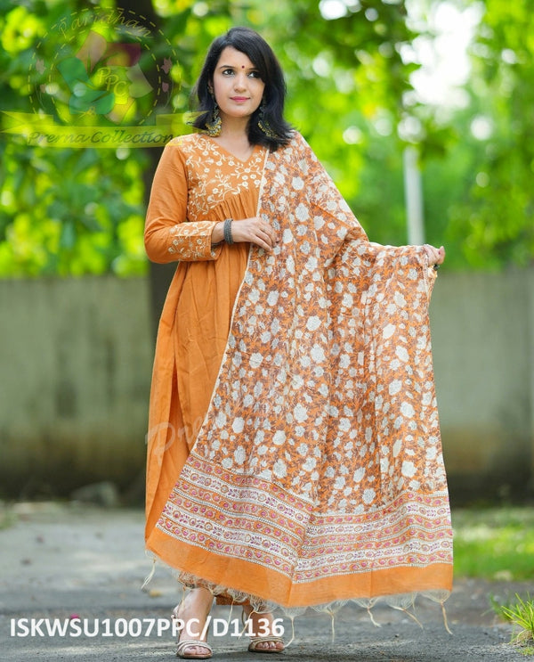 Handloom Kurti With Pant And Hand Block Printed Chanderi Dupatta-ISKWSU1007PPC/D1136