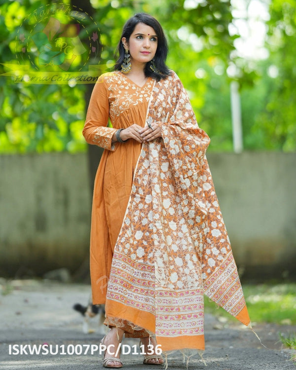 Handloom Kurti With Pant And Hand Block Printed Chanderi Dupatta-ISKWSU1007PPC/D1136