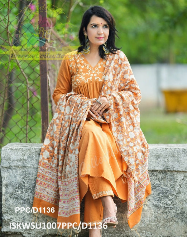 Handloom Kurti With Pant And Hand Block Printed Chanderi Dupatta-ISKWSU1007PPC/D1136