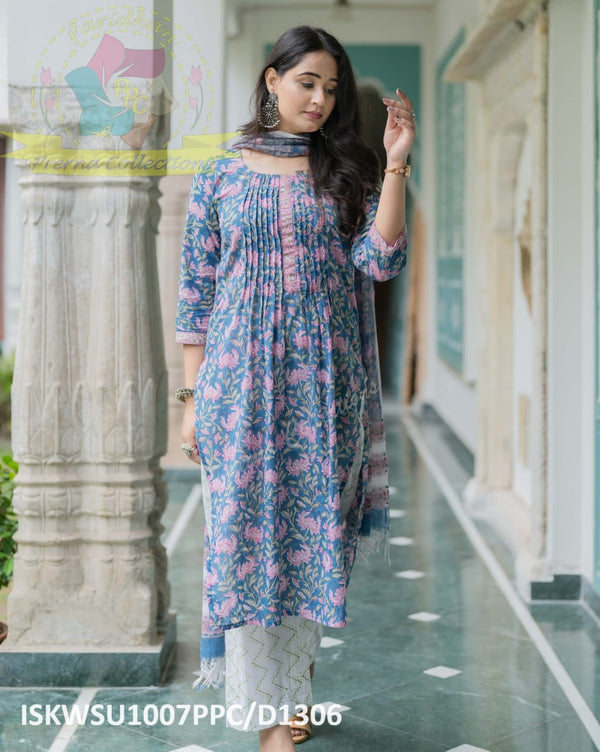 Hand Block Printed Cotton Kurti With Pant And Kota Doriya Dupatta-ISKWSU1007PPC/D1306