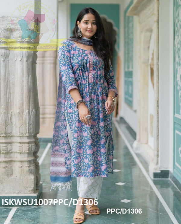 Hand Block Printed Cotton Kurti With Pant And Kota Doriya Dupatta-ISKWSU1007PPC/D1306