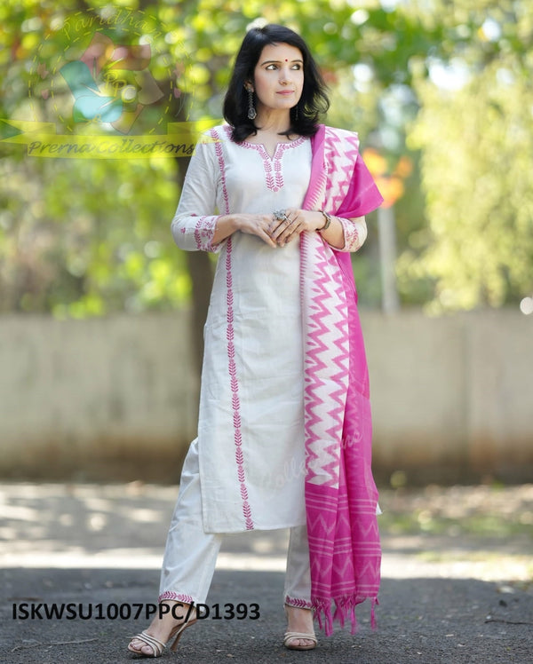 Handloom Cotton Kurti With Pant And Ikkat Printed Khadi Silk Dupatta-ISKWSU1007PPC/D1393