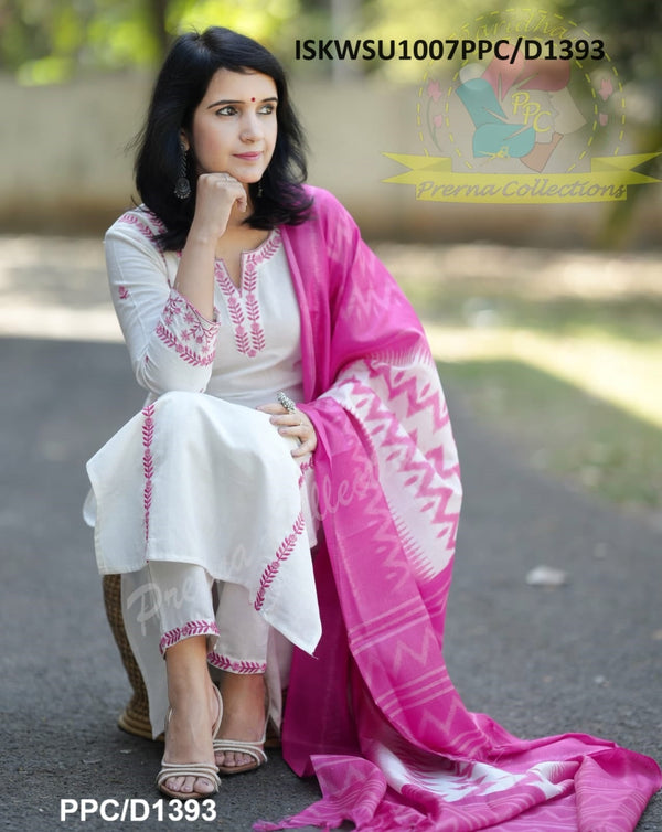 Handloom Cotton Kurti With Pant And Ikkat Printed Khadi Silk Dupatta-ISKWSU1007PPC/D1393