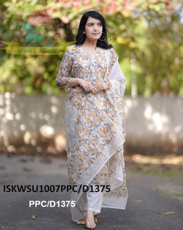 Kalamkari Printed Kota Doriya Kurti With Cotton Pant And Dupatta-ISKWSU1007PPC/D1375