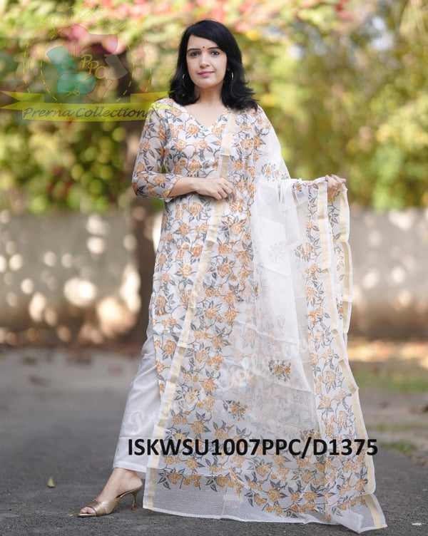 Kalamkari Printed Kota Doriya Kurti With Cotton Pant And Dupatta-ISKWSU1007PPC/D1375