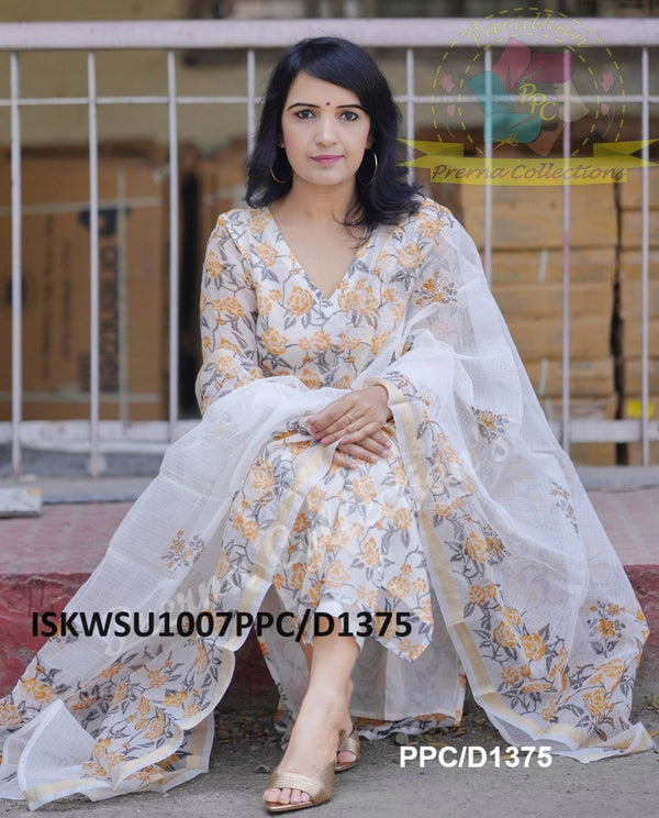 Kalamkari Printed Kota Doriya Kurti With Cotton Pant And Dupatta-ISKWSU1007PPC/D1375