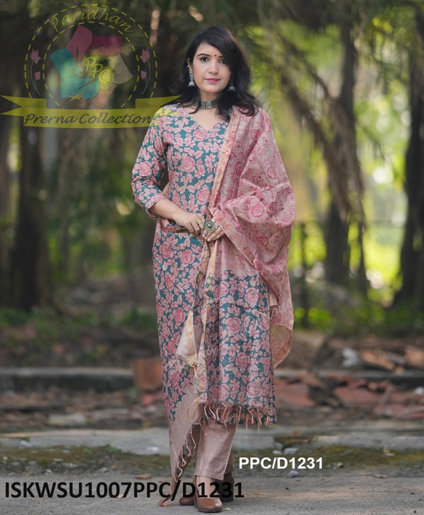 Kalamkari Printed Handloom Cotton Silk Kurti With Pant And Dupatta-ISKWSU1007PPC/D1231