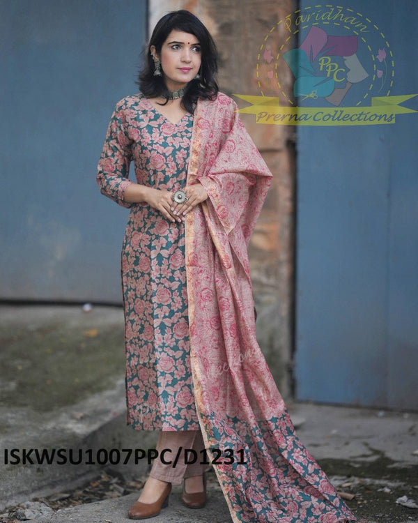 Kalamkari Printed Handloom Cotton Silk Kurti With Pant And Dupatta-ISKWSU1007PPC/D1231
