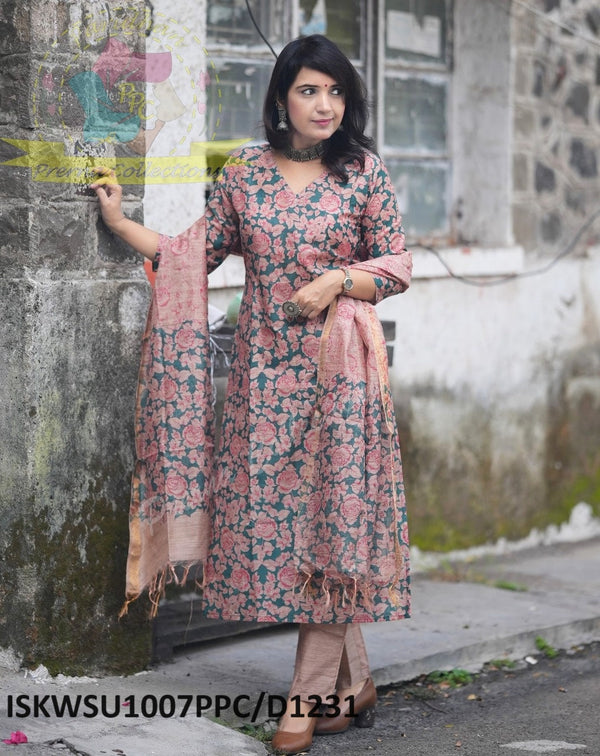 Kalamkari Printed Handloom Cotton Silk Kurti With Pant And Dupatta-ISKWSU1007PPC/D1231