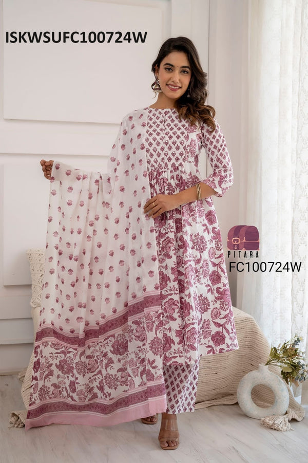 Printed Cotton Anarkali Kurti With Pant And Dupatta-ISKWSUFC100724W
