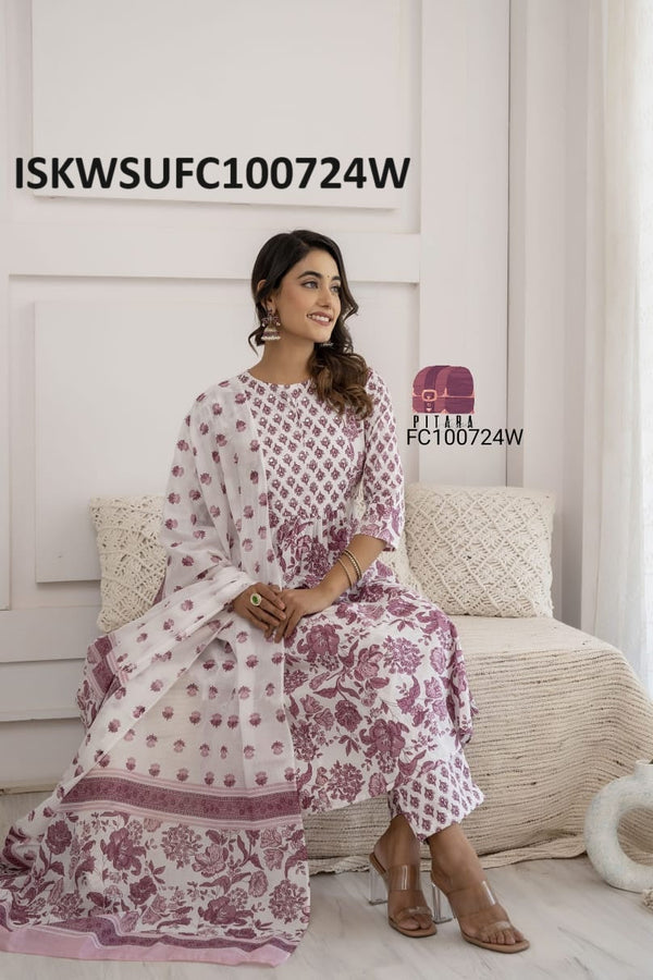 Printed Cotton Anarkali Kurti With Pant And Dupatta-ISKWSUFC100724W