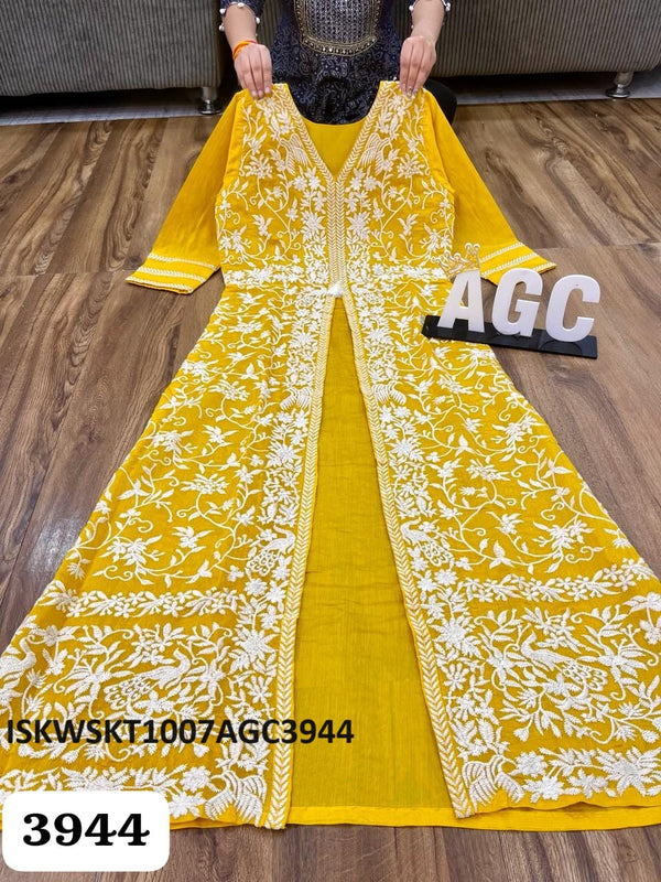 Embroidered Chanderi Front Slit Crop Top With Schiffli Skirt-ISKWSKT1007AGC3944