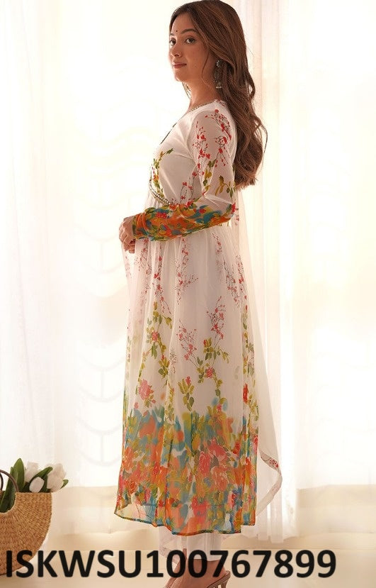 Printed Georgette Anarkali Kurti With Crepe Pant And Georgette Dupatta-ISKWSU100767899