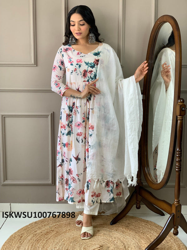 Digital Printed Cotton Anarkali Kurti With Rayon Pant And Kota Check Dupatta-ISKWSU100767898