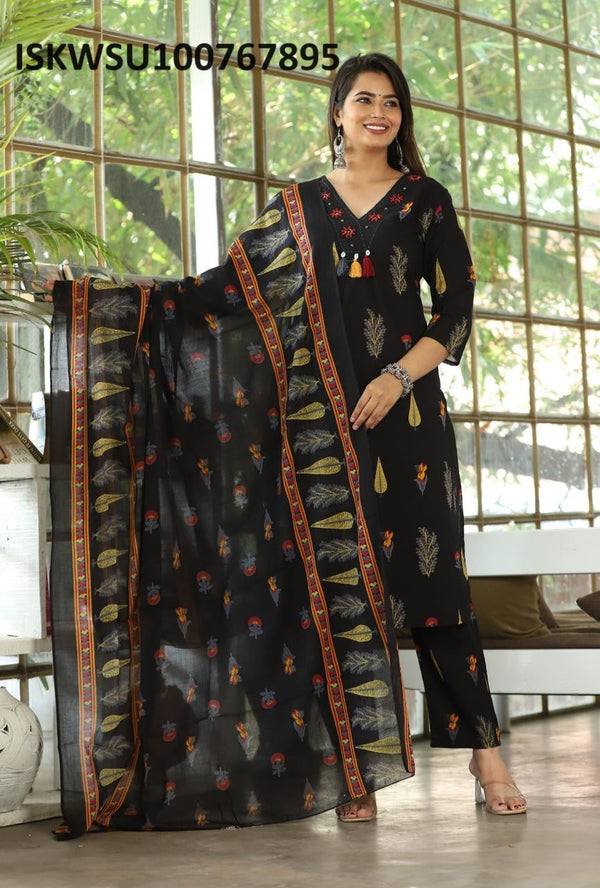 Printed Cotton Anarkali Kurti With Pant And Dupatta-ISKWSU100767895