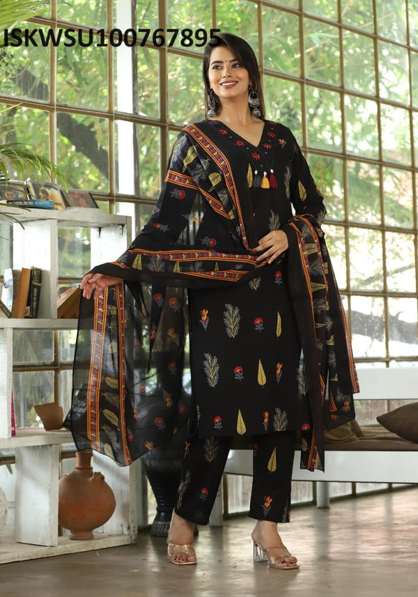 Printed Cotton Anarkali Kurti With Pant And Dupatta-ISKWSU100767895