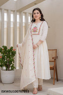 Embroidered Malmal Anarkali Kurti With Pant And Dupatta-ISKWSU100767893