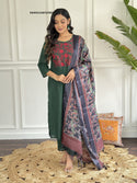 Handloom Kurti With Pant And Kantha Printed Silk Dupatta-ISKWSU100767892