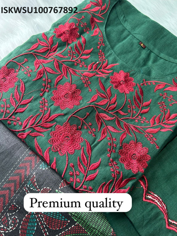 Handloom Kurti With Pant And Kantha Printed Silk Dupatta-ISKWSU100767892