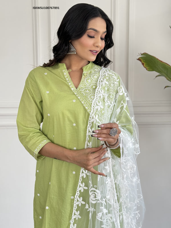 Cotton Kurti With Pant And Embroidered Dupatta-ISKWSU100767891