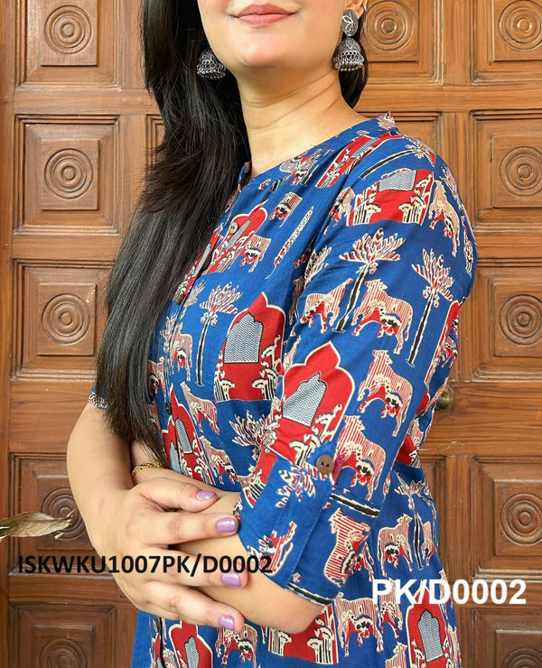 Pichwai Printed Cotton Princess Cut A-Line Kurti With Ajrakh Pant-ISKWKU1007PK/D0002