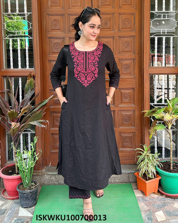 Embroidered Khadi Cotton Princess Cut A-Line Kurti With Pant-ISKWKU100700012
