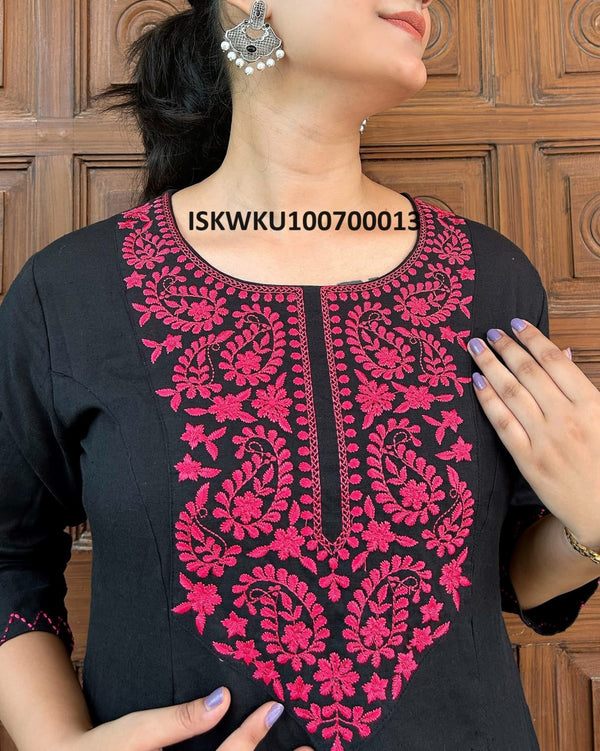 Embroidered Khadi Cotton Princess Cut A-Line Kurti With Pant-ISKWKU100700012