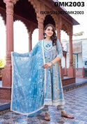 Floral Printed Cotton Anarkali Kurti With Pant And Chiffon Dupatta-ISKWSU1007OMK2003