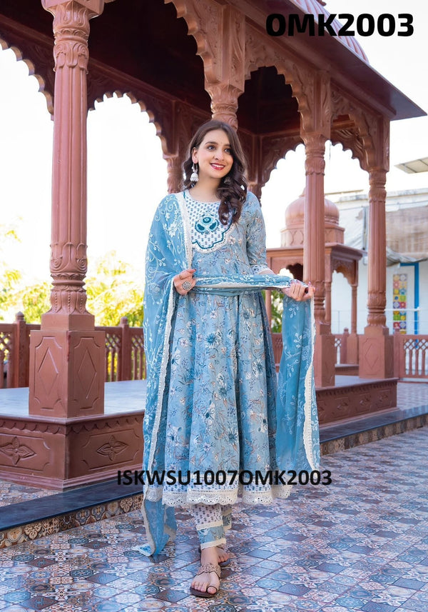 Floral Printed Cotton Anarkali Kurti With Pant And Chiffon Dupatta-ISKWSU1007OMK2003