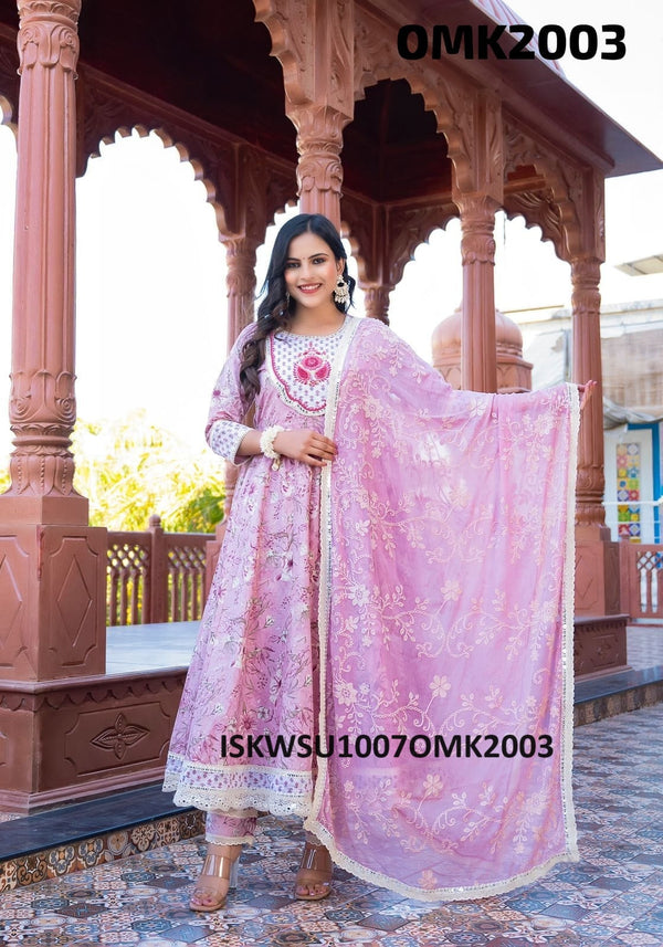 Floral Printed Cotton Anarkali Kurti With Pant And Chiffon Dupatta-ISKWSU1007OMK2003