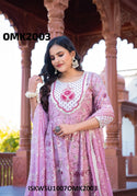 Floral Printed Cotton Anarkali Kurti With Pant And Chiffon Dupatta-ISKWSU1007OMK2003