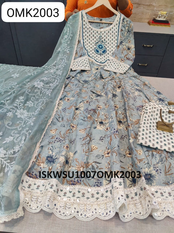 Floral Printed Cotton Anarkali Kurti With Pant And Chiffon Dupatta-ISKWSU1007OMK2003