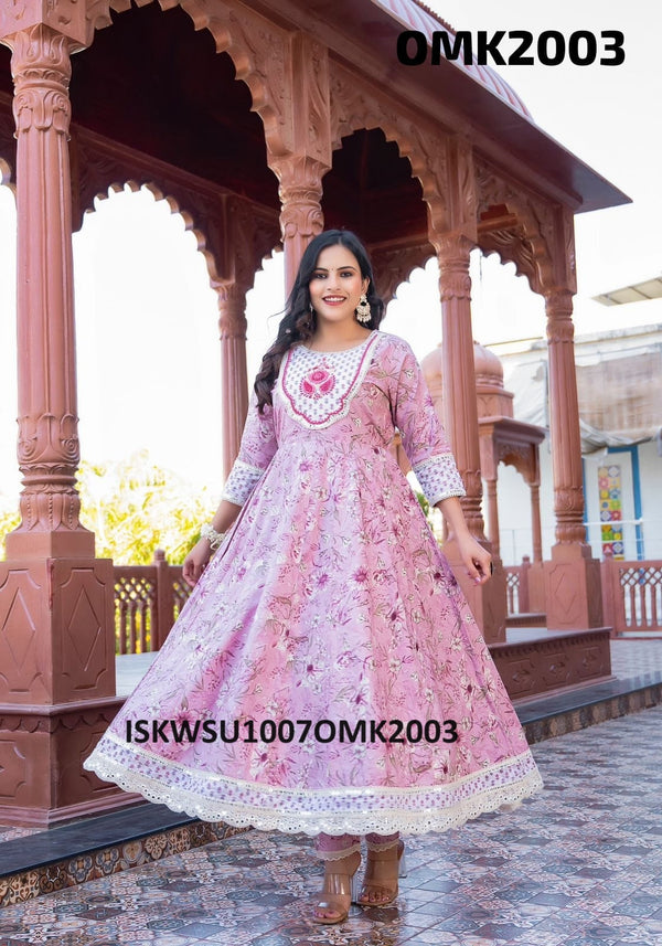 Floral Printed Cotton Anarkali Kurti With Pant And Chiffon Dupatta-ISKWSU1007OMK2003