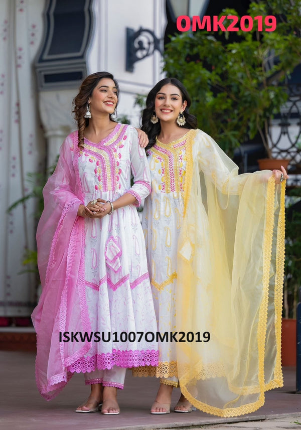 Floral Printed Cotton Kurti With Pant And Chiffon Dupatta-ISKWSU1007OMK2019