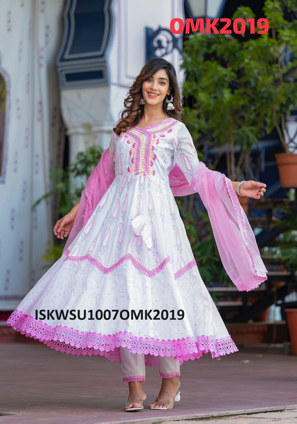 Floral Printed Cotton Kurti With Pant And Chiffon Dupatta-ISKWSU1007OMK2019