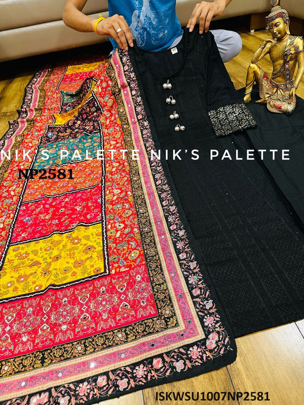 Cotton Schiffli Kurti With Pant And Printed Crepe Silk Dupatta-ISKWSU1007NP2581