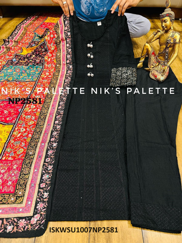 Cotton Schiffli Kurti With Pant And Printed Crepe Silk Dupatta-ISKWSU1007NP2581