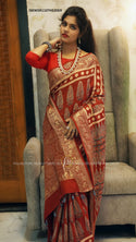 Ajrakh Hand Block Printed Banarasi Munga Crepe Silk Saree With Blouse-ISKWSR1107HS3069