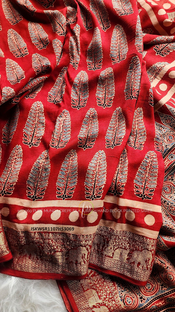Ajrakh Hand Block Printed Banarasi Munga Crepe Silk Saree With Blouse-ISKWSR1107HS3069