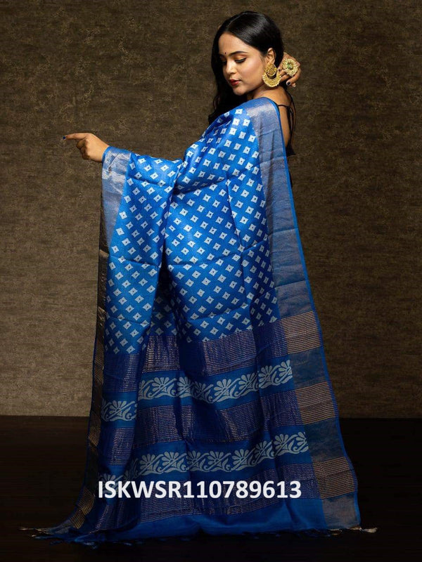 Block Printed Tussar Saree With Blouse-ISKWSR110789613