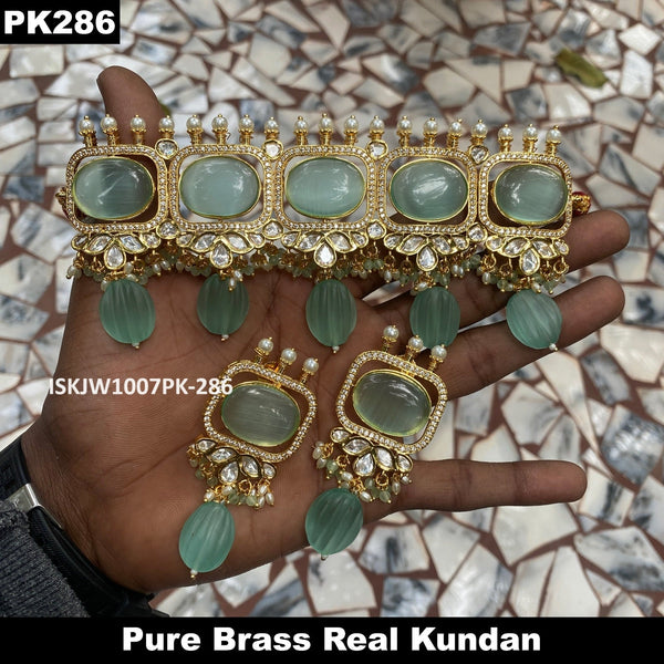 Pure Brass Real Kundan Necklace Set-ISKJW1007PK-286