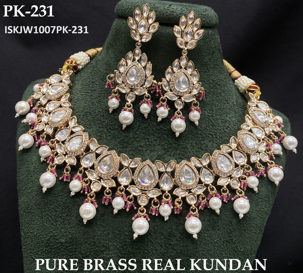 Pure Brass Real Kundan Necklace Set-ISKJW1007PK-231