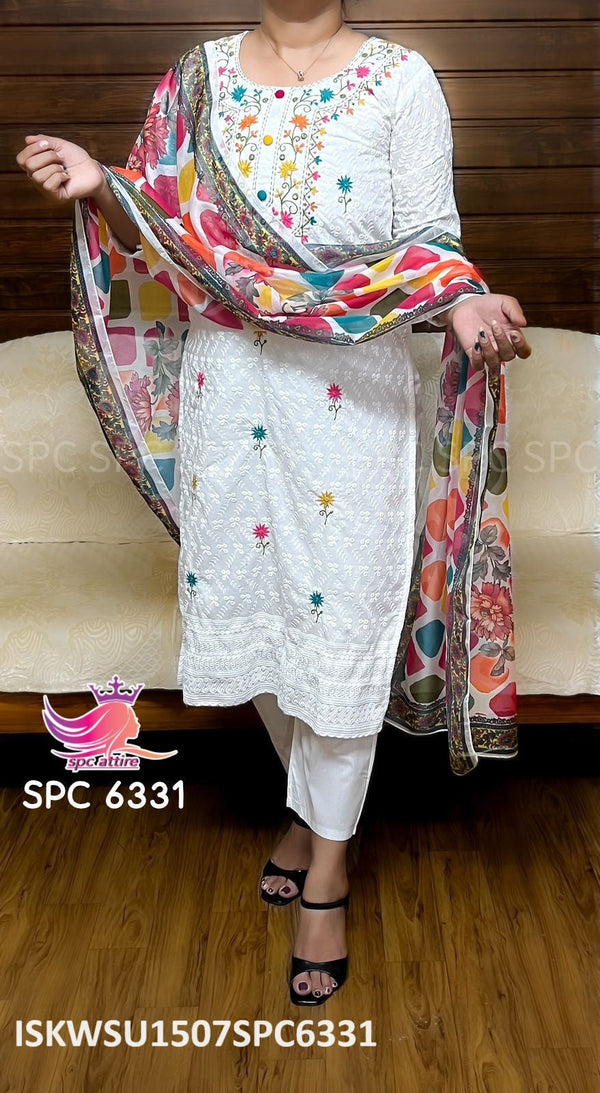 Cotton Chikankari Kurti With Pant And Digital Printed Dupatta-ISKWSU1507SPC6331