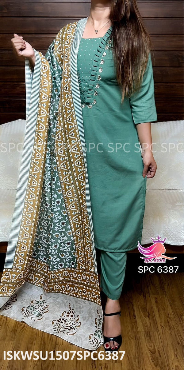Chanderi Kurti With Pant And Gold Floral Printed Dupatta-ISKWSU1507SPC6387