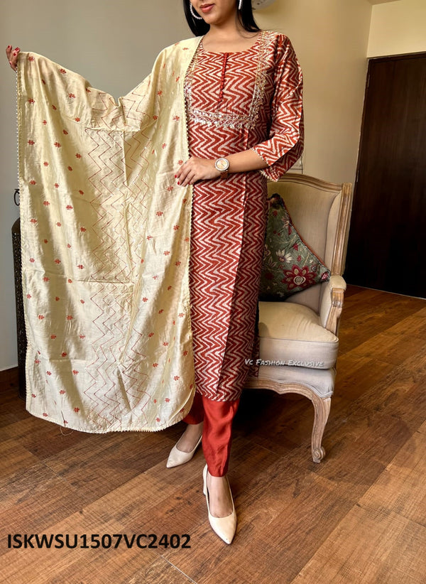 Printed Modal Silk Kurti With Pant And Self Modal Chanderi Dupatta-ISKWSU1507VC2402