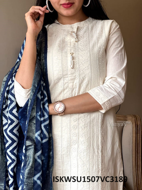 Self Embroidered Cotton Kurti With Pant And Hand Block Indigo Printed Chanderi Doriya Dupatta-ISKWSU1507VC3189