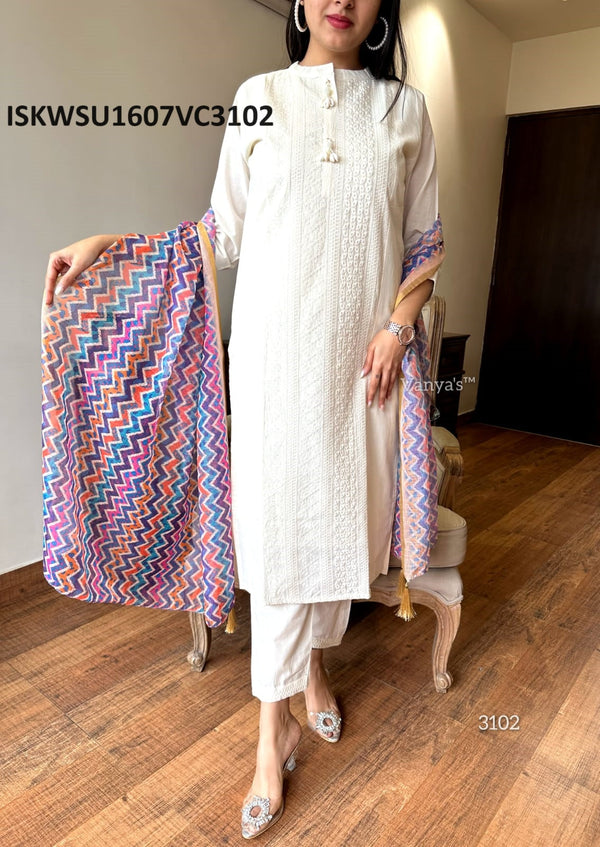Self Embroidered Cotton Kurti With Pant And Hand Block Printed Kota Doriya Dupatta-ISKWSU1607VC3102