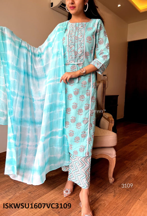 Jaipuri Printed Cotton Kurti With Pant And Tie And Dye Printed Malmal Dupatta-ISKWSU1607VC3109