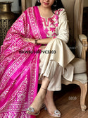 Handloom Cotton Kurti With Pant And Printed Khadi Silk Dupatta-ISKWSU1607VC3203