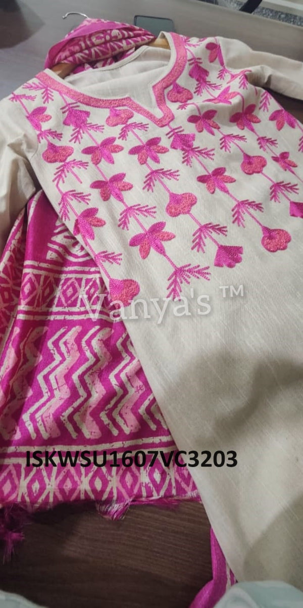 Handloom Cotton Kurti With Pant And Printed Khadi Silk Dupatta-ISKWSU1607VC3203